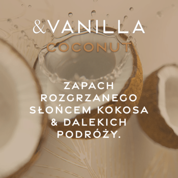 Woda perfumowana &Vanilla Coconut. Dwie połówki kokosa z rozbryzganą wodą i nazwą zapachu na beżu.