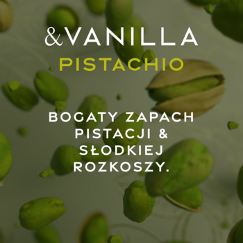 Reklama perfum &Vanilla Pistachio. Rozsypane zielone pistacje, na tle widnieje nazwa produktu i hasło o zapachu.