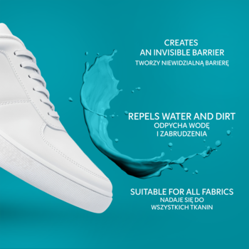 Zbliżenie na biały sneaker na turkusowym tle, niebieski rozbryzg symbolizuje ochronę obuwia przed wodą i brudem.