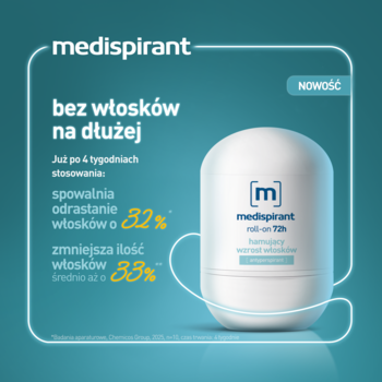 Biały antyperspirant Medispirant roll-on 72h. Hamuje wzrost i redukuje włoski o 33%, dla gładkiej skóry.