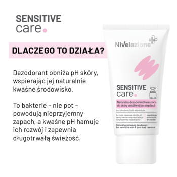 Nivelazione Sensitive Care dezodorant kwasowy w tubce, białe opakowanie z różowym wzorem, objaśnienia działania.