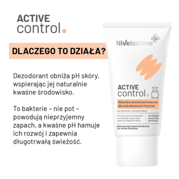 Naturalny dezodorant kwasowy Nivelazione Active Control do stóp i dłoni w tubce, obok tekst wyjaśniający.