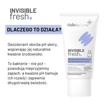 Nivelazione Invisible Fresh, naturalny dezodorant kwasowy w białej tubce, obok tekst wyjaśniający jego działanie.