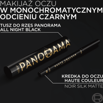 Zestaw: czarny tusz Panorama ze złotym napisem i kredka Haute Couleur Noir Silk Matte na czarnym tle.