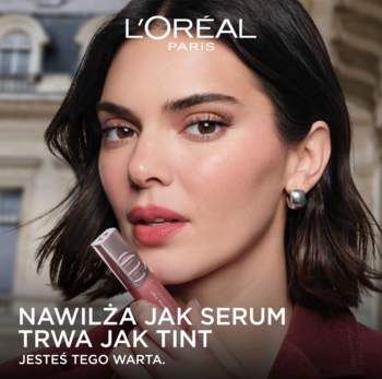 Kendall Jenner z L'Oréal Paris Hyaluron Tint, nawilżającym olejkiem-serum, z delikatnie podkreślonymi ustami.