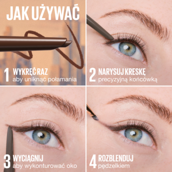 Maybelline Scultping Stix. Tutorial: brązowa automatyczna kredka do oczu, 4 kroki aplikacji z pędzelkiem.