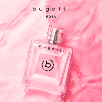 Bugatti Rosa For Her, owocowo-kwiatowa woda perfumowana w różowym flakonie, na tle różowej, falującej powierzchni.