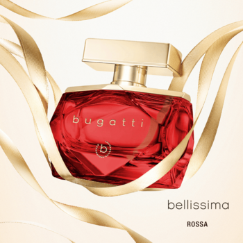 Czerwona, fasetowana butelka perfum Bugatti Bellissima Rossa ze złotym korkiem, otoczona złotymi wstążkami.