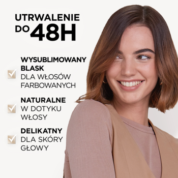 Kobieta z błyszczącymi, farbowanymi włosami promuje produkt utrwalający do 48H, z blaskiem i delikatnością dla skóry głowy.