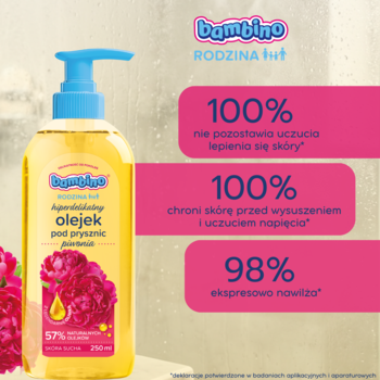 Bambino olejek pod prysznic Piwonia, przezroczysta butelka z pompką z przodu. Nawilża, chroni, 57% olejków.