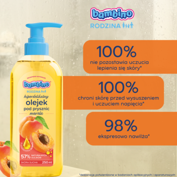 Żółta butelka Bambino Rodzina, olejek morelowy pod prysznic z pompką. Zapewnia 100% brak lepkości, chroni skórę.