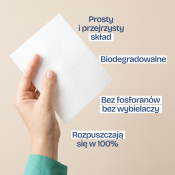 Ręka trzyma ekologiczny listek Natulim, obok tekst: prosty skład, biodegradowalny, bez fosforanów.