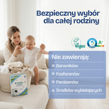 Listki do prania Natulim, bezzapachowe. Matka z dzieckiem i opakowaniem produktu, z wyróżnieniem 'bez barwników, parabenów'.