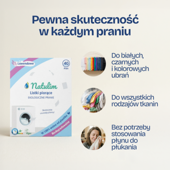 Natulim Lawendowe listki do prania. Białe opakowanie z opisem cech: do białych, kolorowych, wszystkich tkanin, bez płynu.