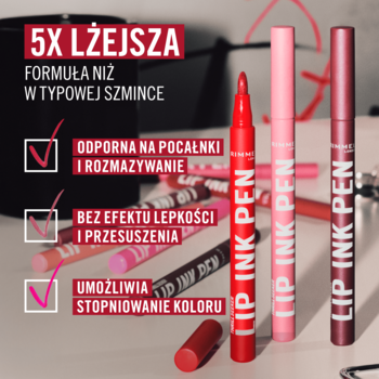 Rimmel Lip Ink Pen: trzy pomadki w pisaku (czerwona, jasnoróżowa, bordowa) i leżąca. Ultralekka, trwała.
