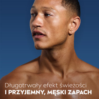 Blisko ujęty mężczyzna symbolizujący długotrwałą świeżość i przyjemny, męski zapach, na niebieskim tle.