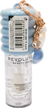 Revolution Beauty Lip Oil Lychee Clear: przezroczysta buteleczka z błękitną nakrętką i złotą zawieszką. Widok z przodu, lekko pod kątem.