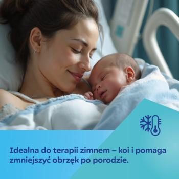 Uśmiechnięta matka z noworodkiem; niebieskie tło z tekstem: "Idealna do terapii zimnem" dla podpaski Canpol.
