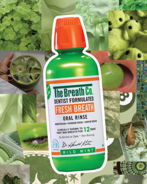 Zielona butelka płynu The Breath Co. Fresh Breath Mild Mint, z pomarańczową zakrętką, na zielonym kolażu.