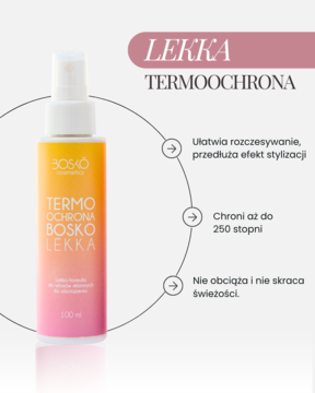 Bosko Lekka Termoochrona, spray do włosów, butelka gradient róż-pomarańcz, chroni do 250°C, lekkie.