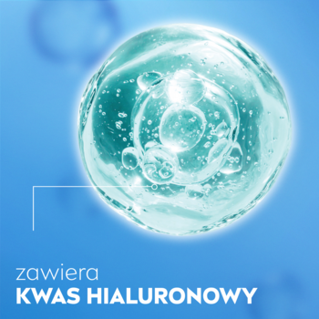 NIVEA CARE Hydro-żel: grafika kwasu hialuronowego. Duża, błękitna kula z bąbelkami. Napis 'KWAS HIALURONOWY'.