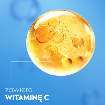 NIVEA CARE: Zbliżenie na bursztynową kulę z witaminą C i pęcherzykami, na niebieskim tle. Widoczny napis 'WITAMINĘ C'.
