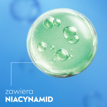 Zbliżenie na zielonkawą, przezroczystą bańkę z mniejszymi bąbelkami, symbolizującą niacynamid w kremie NIVEA.
