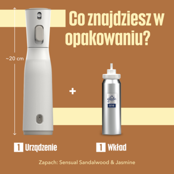 Glade One Sensual Sandalwood & Jasmine, opakowanie startowe: białe urządzenie około 20 cm i srebrny wkład, widok z przodu.