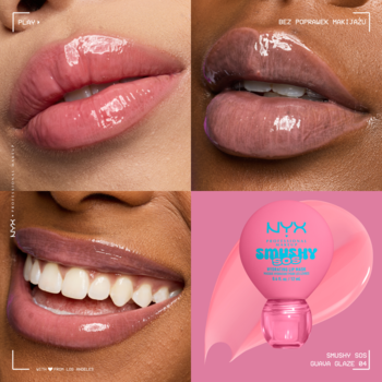 NYX Fat Oil Smushy SOS Lip Mask: collage z ustami w błyszczyku i różowym opakowaniem nawilżającej maski.