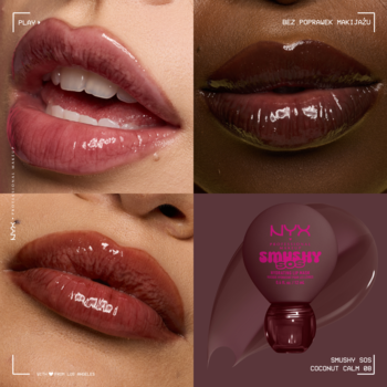 NYX Smushy SOS lip mask collage: 3 lip close-ups with glossy shades & product bottle with swatch.