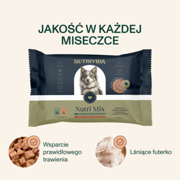 Dwie saszetki karmy Nutri Mix dla psów (ciemna i beżowa), z psem i ikonami dla trawienia i lśniącej sierści.