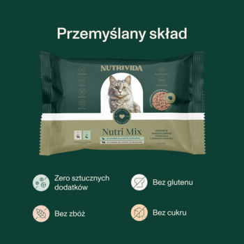 Opakowanie karmy Nutrivida Nutri Mix dla kota, zielono-beżowe. Bez zbóż, cukru, glutenu. Widok z przodu.