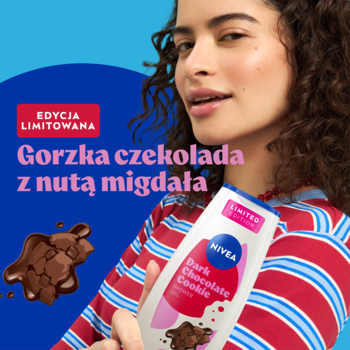 Biała butelka żelu Nivea Dark Chocolate Cookie, z napisem gorzka czekolada z migdałem, trzymana przez uśmiechniętą kobietę.