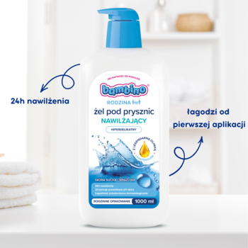 Bambino nawilżający żel pod prysznic 1000 ml w białej butelce z niebieską pompką, widok z przodu z opisem korzyści.