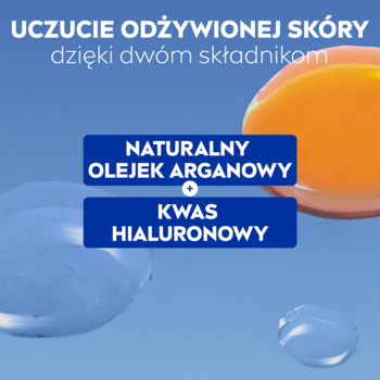 NIVEA mleczko oczyszczające. Grafika z kroplami i tekstem o olejku arganowym i kwasie hialuronowym dla odżywienia.