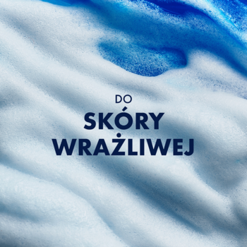 Close-up of white and blue foam with text 'DO SKÓRY WRAŻLIWEJ' for Gillette Series sensitive skin shaving gel.