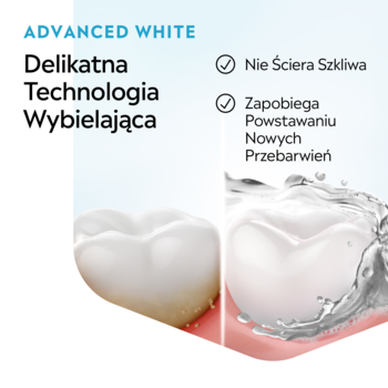Listerine Advanced White: zęby przed i po. Delikatna technologia usuwa przebarwienia, nie ściera szkliwa, zapobiega nowym.