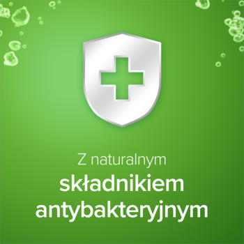 Grafika mydła antybakteryjnego: biała tarcza z zielonym krzyżem, napis "naturalny składnik".
