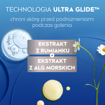 Grafika NIVEA MEN: technologia Ultra Glide™, ekstrakt z rumianku i alg morskich dla ochrony skóry.