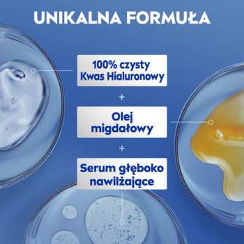 Unikalna formuła NIVEA: kwas hialuronowy, olej migdałowy i serum w szklanych naczyniach laboratoryjnych.