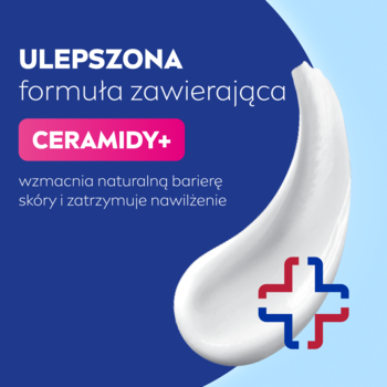 Grafika reklamowa: Ulepszona formuła NIVEA Med Repair z CERAMIDAMI. Biały krem, medyczny krzyż, tekst: wzmacnia barierę, nawilża.