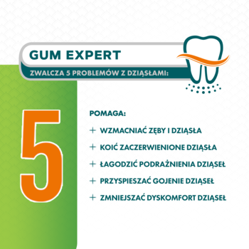 Promocyjna grafika GUM EXPERT: duża cyfra 5 i lista 5 korzyści dla dziąseł, m.in. wzmocnienie zębów i kojenie.
