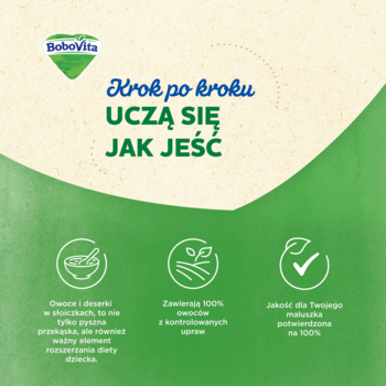 Biało-zielona grafika Bobovita: 'Uczą się jak jeść'. Ikony 100% owoców z upraw i jakość dla dzieci 6m+.