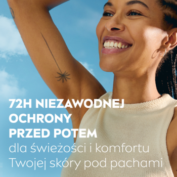 Radosna kobieta z tatuażem na ramieniu, tekst "72H ochrony przed potem" na tle błękitnego nieba. NIVEA antyperspirant.