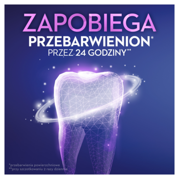 Grafika: świecący ząb na fioletowym tle, z napisem Blend-a-med 3DWhite: ZAPOBIEGA PRZEBARWIENIOM 24h.