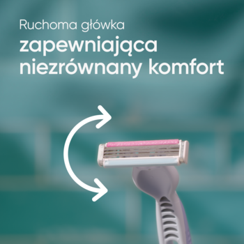 Gillette Venus 3 Colors dla kobiet, fioletowa maszynka z różową obrotową główką i 3 ostrzami, ilustrująca ruch.