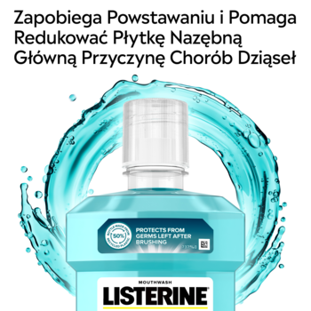 Listerine Cool Mint płyn do płukania ust, niebieski, zapobiega płytce i chorobom dziąseł, otoczony falami wody.