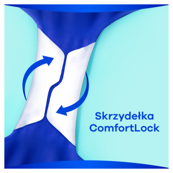 Always Ultra, detale ComfortLock skrzydełek w kolorach białym i niebieskim, widok z bliska z tekstem Skrzydełka ComfortLock.