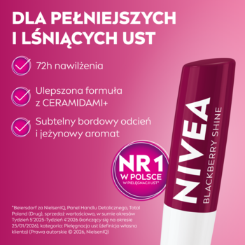 NIVEA Blackberry Shine pomadka do ust w ciemnoróżowej tubce, jeżynowy aromat, subtelny bordowy odcień.
