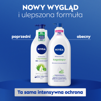 Dwie butelki NIVEA łagodzącego balsamu z pompką: poprzednia i nowa z ulepszoną formułą i 72h nawilżenia.